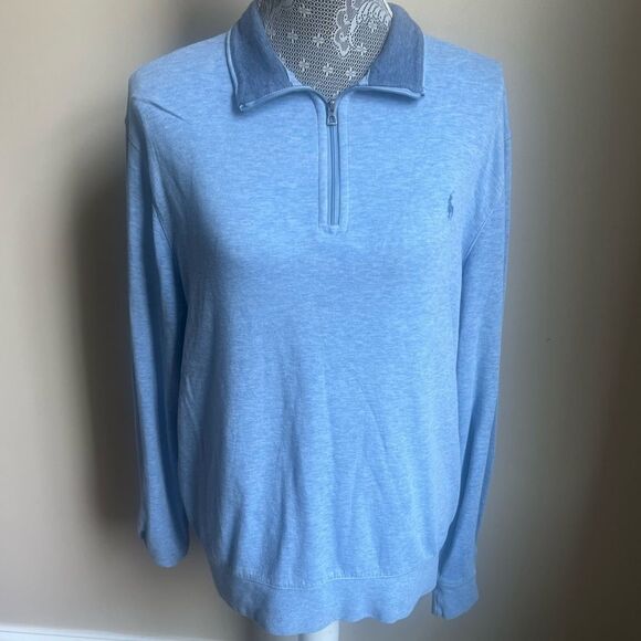 POLO RALPH LAUREN Blue Embroidered 1/4 Zip Sweater Pullover Sz Medium - Picture 1 of 9